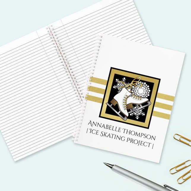 Personalized Gold Glitter Black White Ice Skating Notebook (Creator Uploaded)