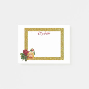 Personalized Gold Glitter Border with Rose Post-it Notes