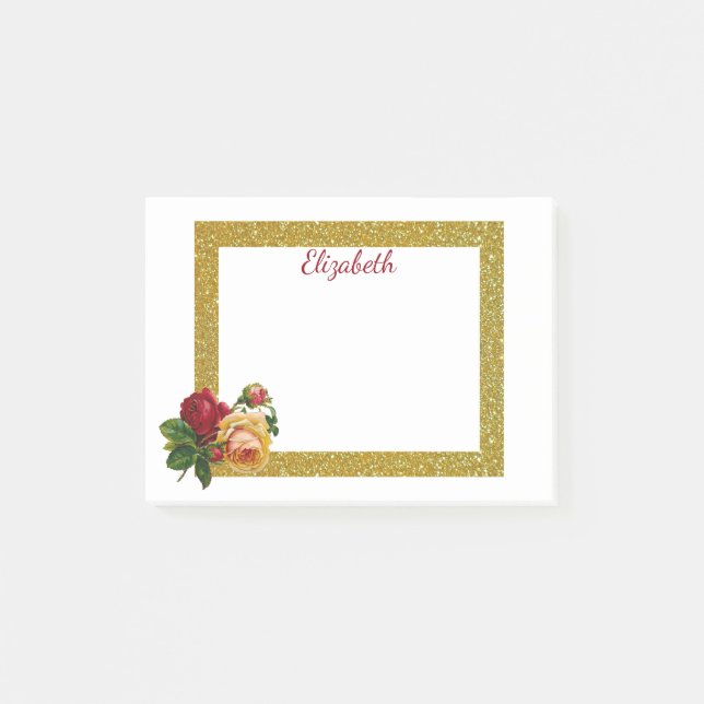 Personalized Gold Glitter Border with Rose Post-it Notes (Front)