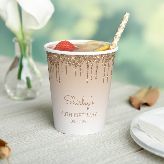 Personalized Gold Glitter Drip 90th Birthday Party Paper Cups (Insitu)