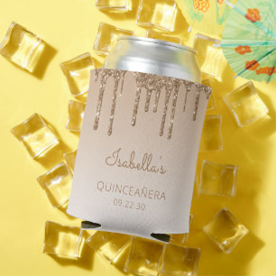 Personalized Gold Glitter Drip Quinceañera Can Cooler