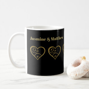 Personalized Gold Glitter Hearts on Black Coffee Mug