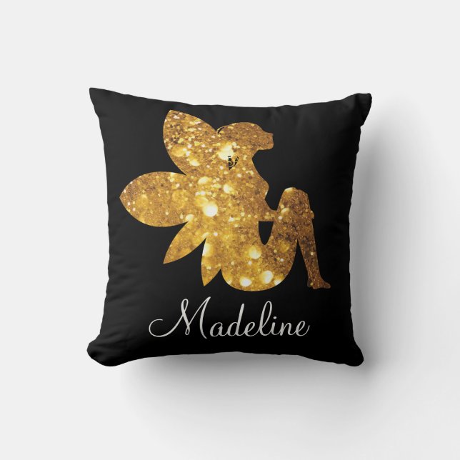 Personalized Gold Glitter Magical Fairy Throw Pillow (Front)