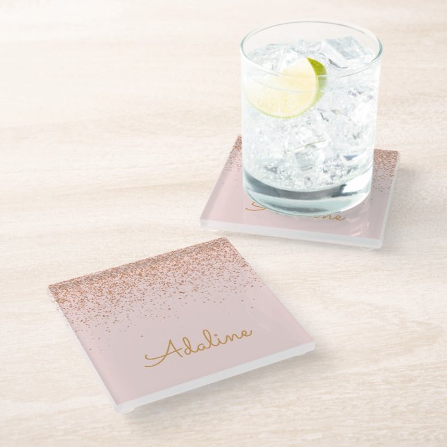 Personalized Gold Glitter Monogram Name Glass Coaster (Angled)