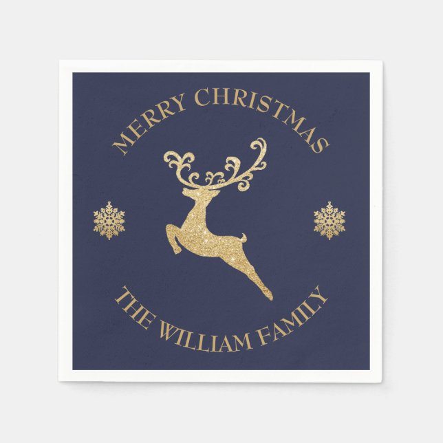 Personalized Gold Glitter Reindeer Christmas Party Napkin (Front)