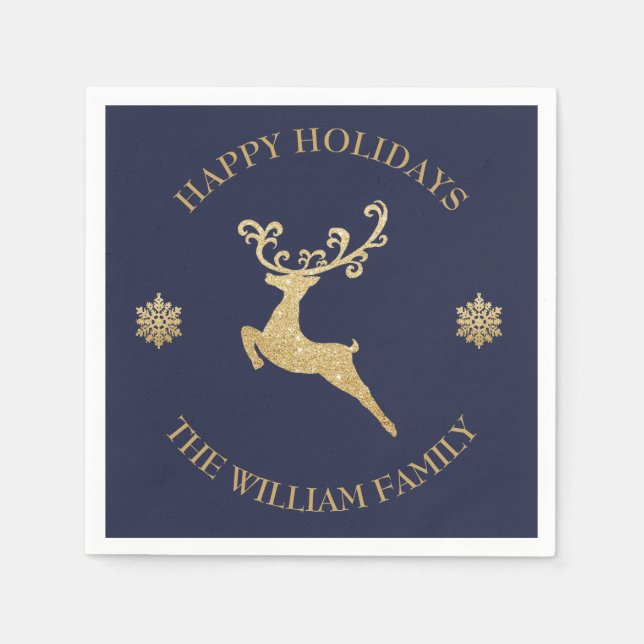 Personalized Gold Glitter Reindeer Happy Holiday Napkin (Front)