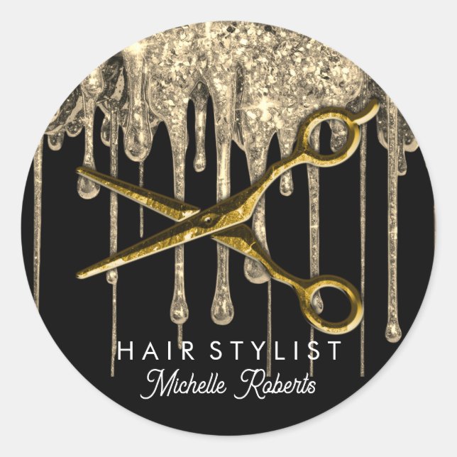Personalized Gold Glitter Scissors Hair Salon Clas Classic Round Sticker (Front)