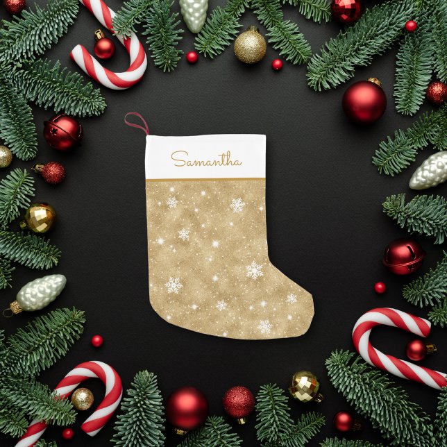 Personalized Gold Glitter Snowflakes Stars Pattern Small Christmas Stocking (Creator Uploaded)