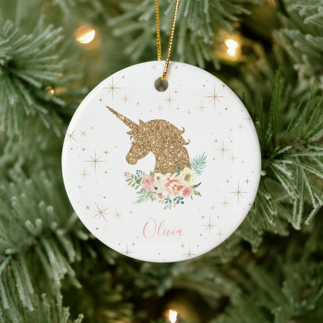 Personalized Gold Glitter Unicorn  Ceramic Ornament (Tree)