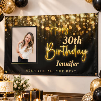 Personalized Gold Glossy Happy Birthday Black Banner