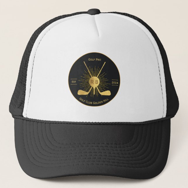 Personalized Gold Golf Clubs Trucker Hat (Front)