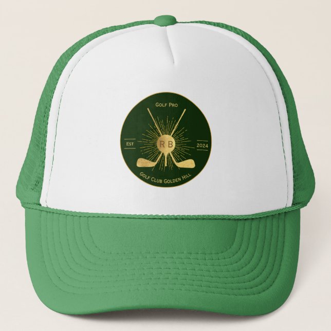 Personalized Gold Golf Clubs Trucker Hat (Front)