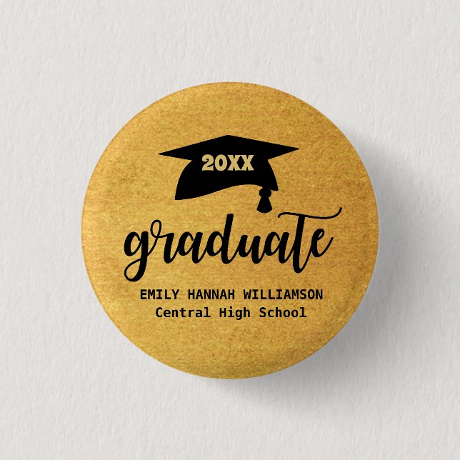 Personalized Gold Graduation Mortar Board 1 Inch Round Button (Front)