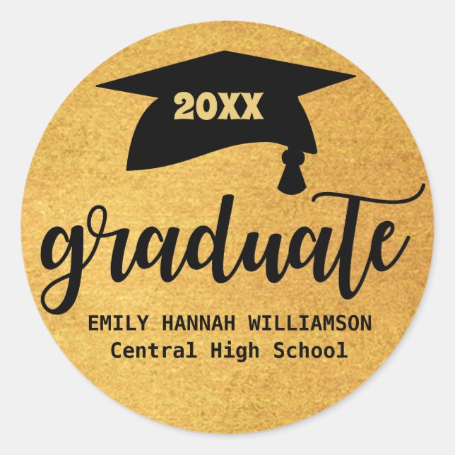 Personalized Gold Graduation Mortar Board Classic Round Sticker (Front)