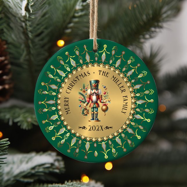 Personalized Gold Green Christmas Nutcracker Ceramic Ornament (Creator Uploaded)
