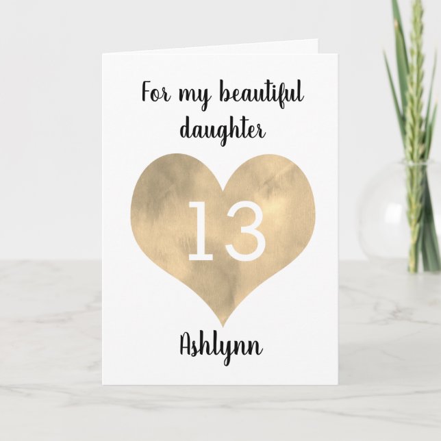 Personalized Gold Heart 13th Birthday Card (Front)