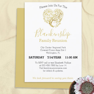 Personalized Gold Heart Tree Family Reunion White Invitation