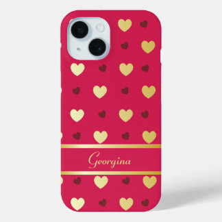 Personalized Gold Hearts on Cerise iPhone 15 Case