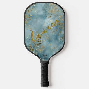 Personalized Gold Leaf on Teal Pickleball Paddle