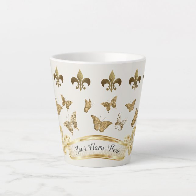 Personalized gold look Fleur de Lis Butterfly Mug (Front)