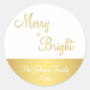 Personalized Gold Merry And Bright Round Stickers