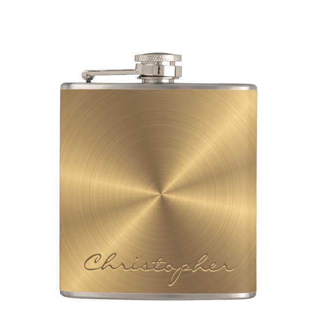 Personalized Gold Metallic Radial Texture Hip Flask (Front)