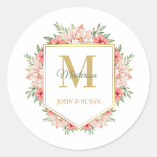 Personalized Gold Monogram Floral Frame  Classic Round Sticker