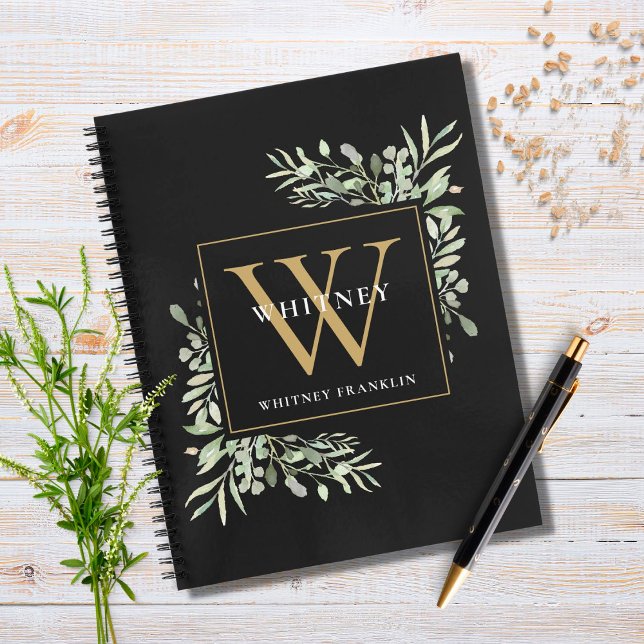 Personalized Gold Monogram Greenery Black Notebook (Creator Uploaded)