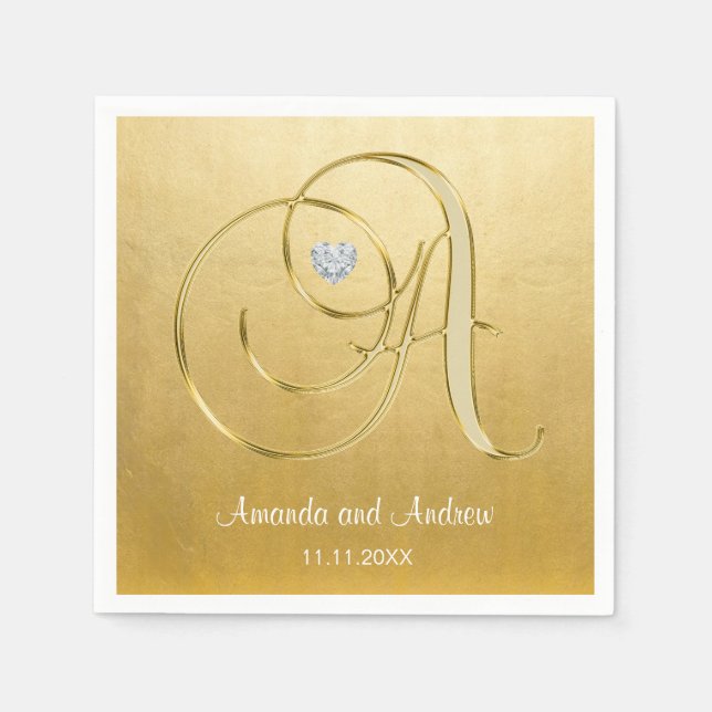 Personalized Gold Monogram Initials Diamond Heart Napkin (Front)