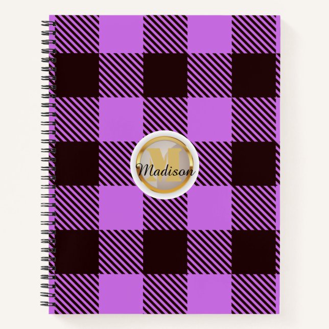 Personalized Gold Monogram Name Chic Orchid Tartan Notebook (Front)