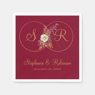 Personalized Gold Monogram On Burgundy Wedding  Napkin