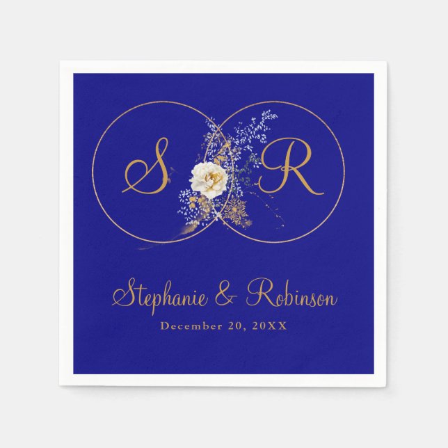 Personalized Gold Monogram On Navy Blue Wedding  Napkin (Front)