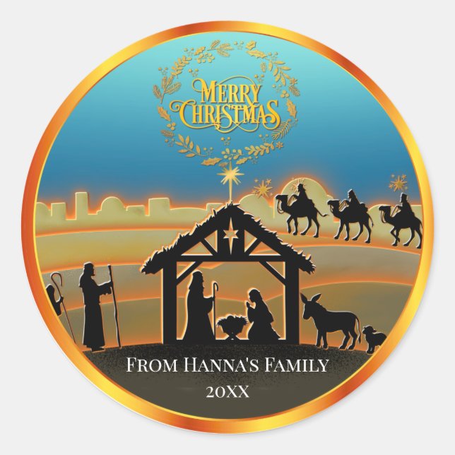 Personalized Gold Nativity "Merry Christmas" Classic Round Sticker (Front)