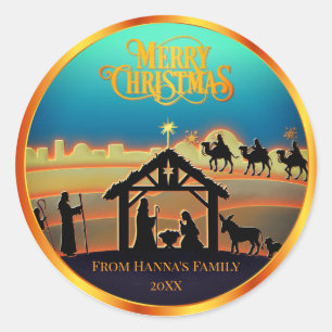 Personalized Gold Nativity "Merry Christmas" Classic Round Sticker