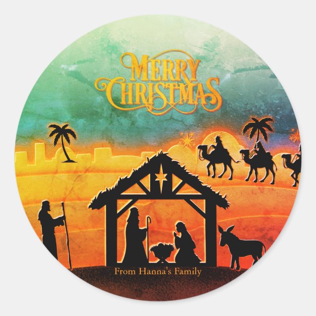 Personalized Gold Nativity "Merry Christmas" Classic Round Sticker (Front)