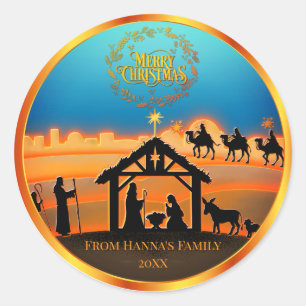 Personalized Gold Nativity "Merry Christmas" Classic Round Sticker