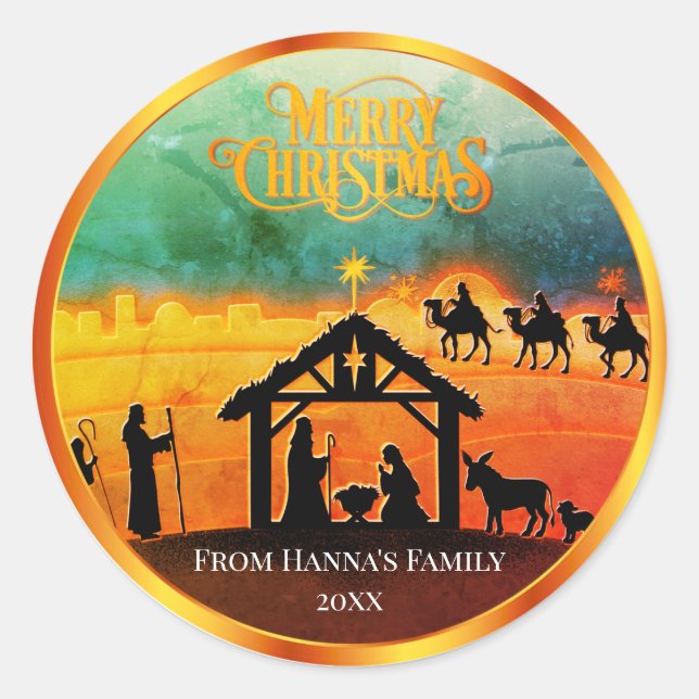 Personalized Gold Nativity "Merry Christmas" Classic Round Sticker (Front)