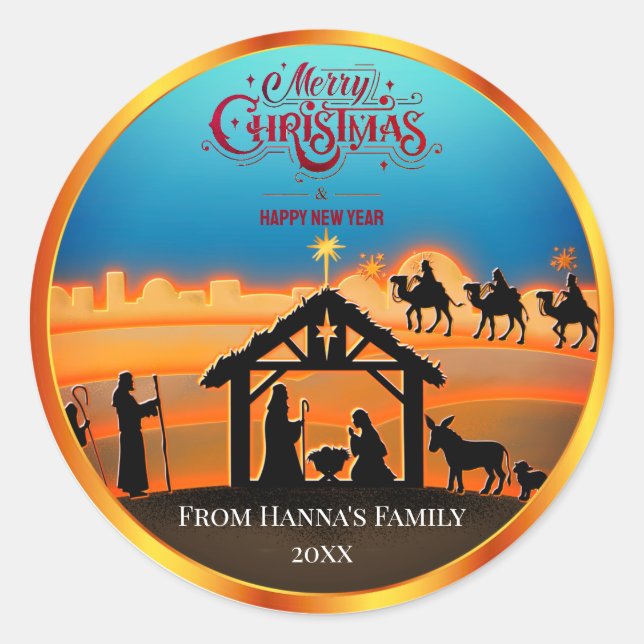 Personalized Gold Nativity "Merry Christmas" Classic Round Sticker (Front)