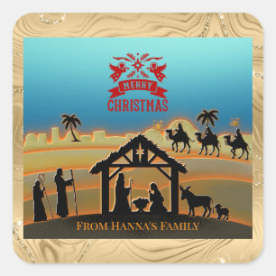 Personalized Gold Nativity "Merry Christmas" Square Sticker