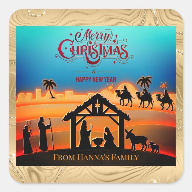Personalized Gold Nativity "Merry Christmas" Square Sticker (Front)