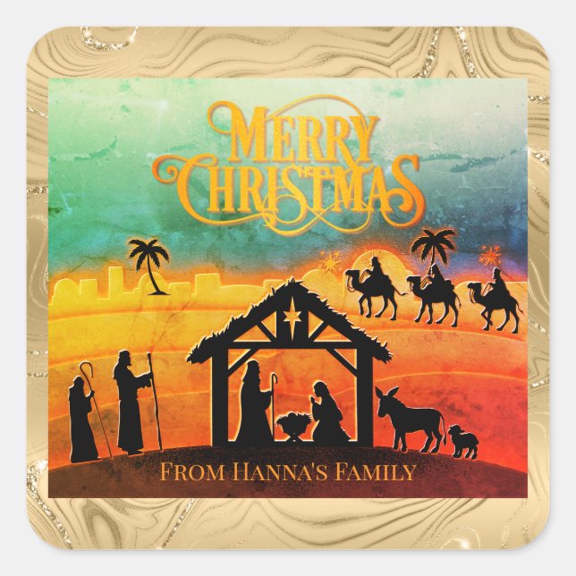 Personalized Gold Nativity "Merry Christmas" Square Sticker (Front)