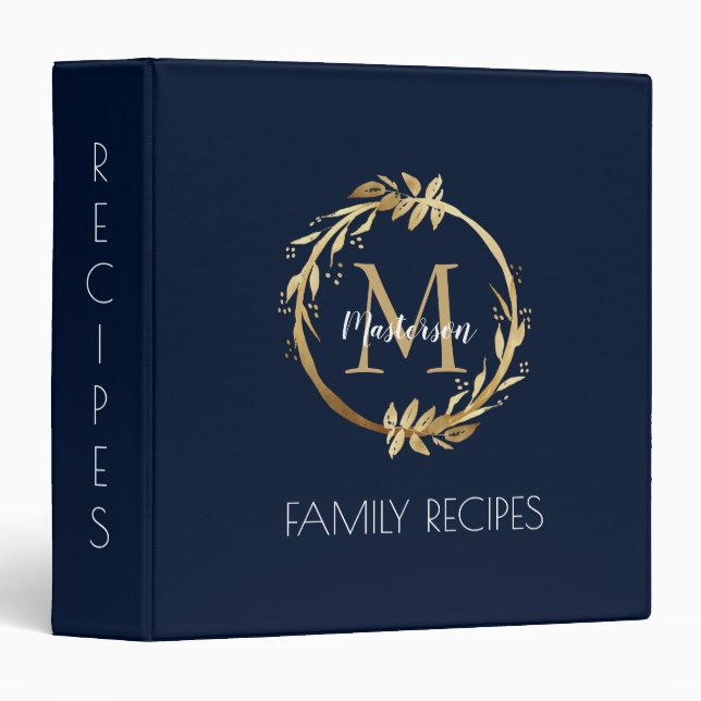 Personalized Gold Navy Blue Monogram Family Recipe Binder (Front/Spine)