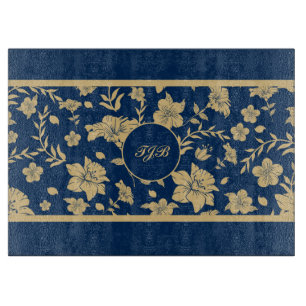 Personalized Gold Navy Floral Cutting Board