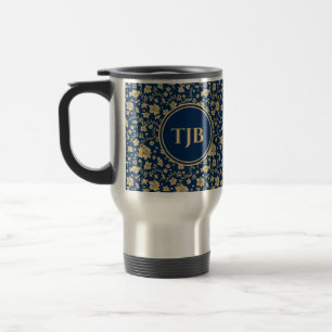 Personalized Gold Navy Floral Travel Mug