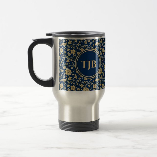 Personalized Gold Navy Floral Travel Mug (Left)