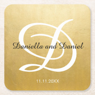 Personalized Gold Ombre White Monogram Wedding Square Paper Coaster