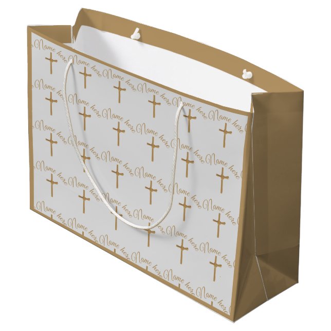 Personalized Gold Palm Cross Christening Baptism Large Gift Bag (Back Angled)
