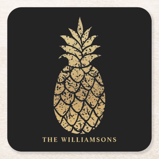 Personalized Gold Pineapple on Black Square Paper Coaster (Front)