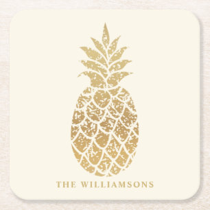 Personalized Gold Pineapple on Ivory Square Paper Coaster
