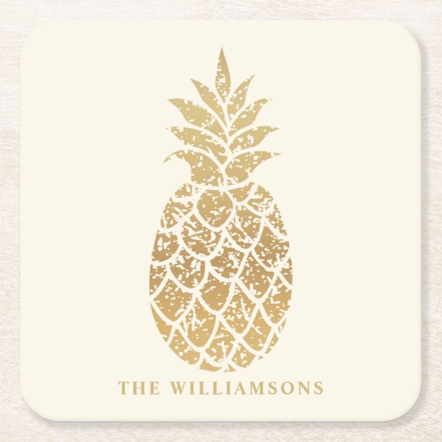 Personalized Gold Pineapple on Ivory  Square Paper Coaster (Front)